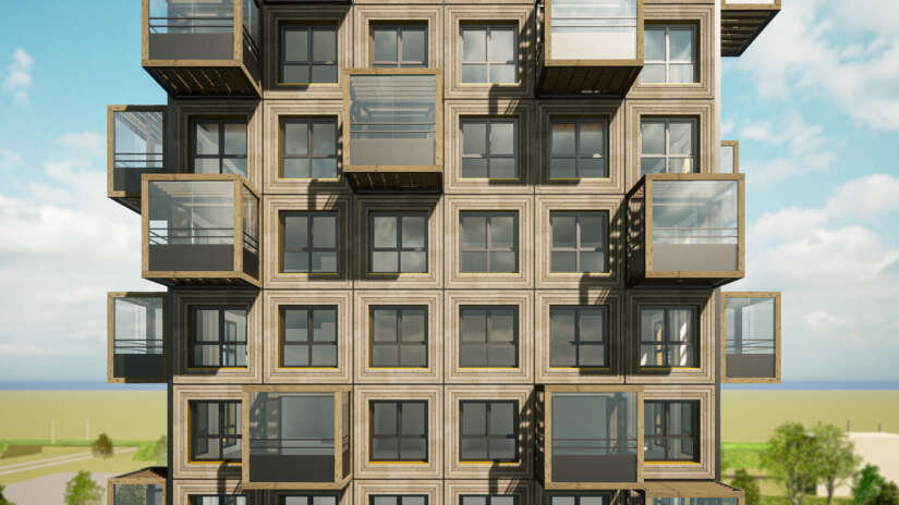 Voorgevel van Tang Tower Almere gebouwd door Daiwa House Modular Europe