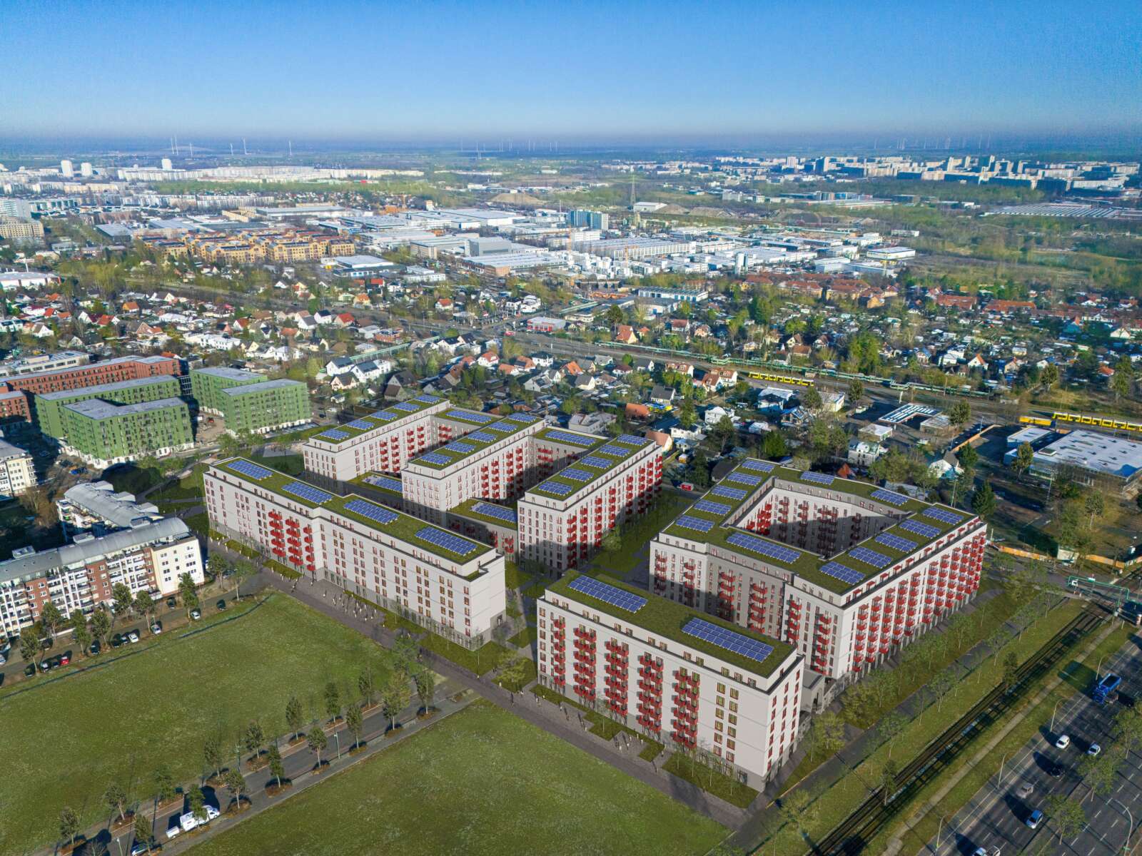 Rendering des Wohnquartiers Landsberger Allee, Blick aus der Vogelperspektive